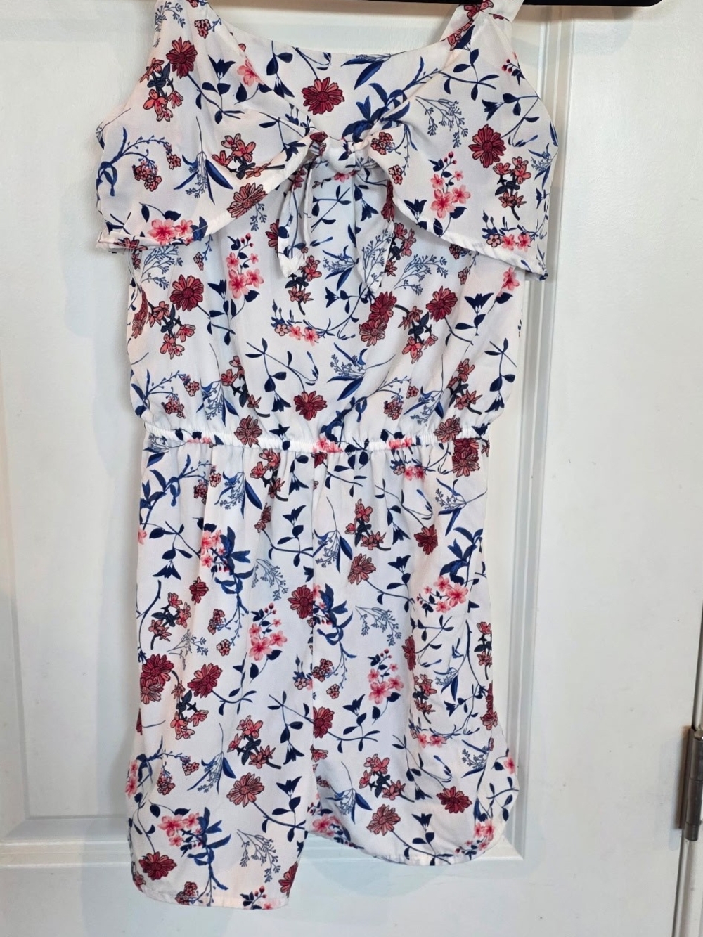 Lily Bleu White Floral Tie-Front Romper with Navy & Pink Flowers